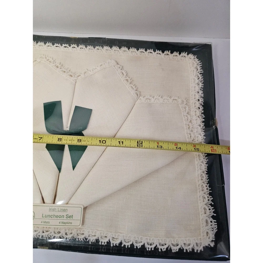 Irish‎ Linen Luncheon Set 4 Mats 4 Napkins Lace Trim Green Bow NOS 15x11in ECRU